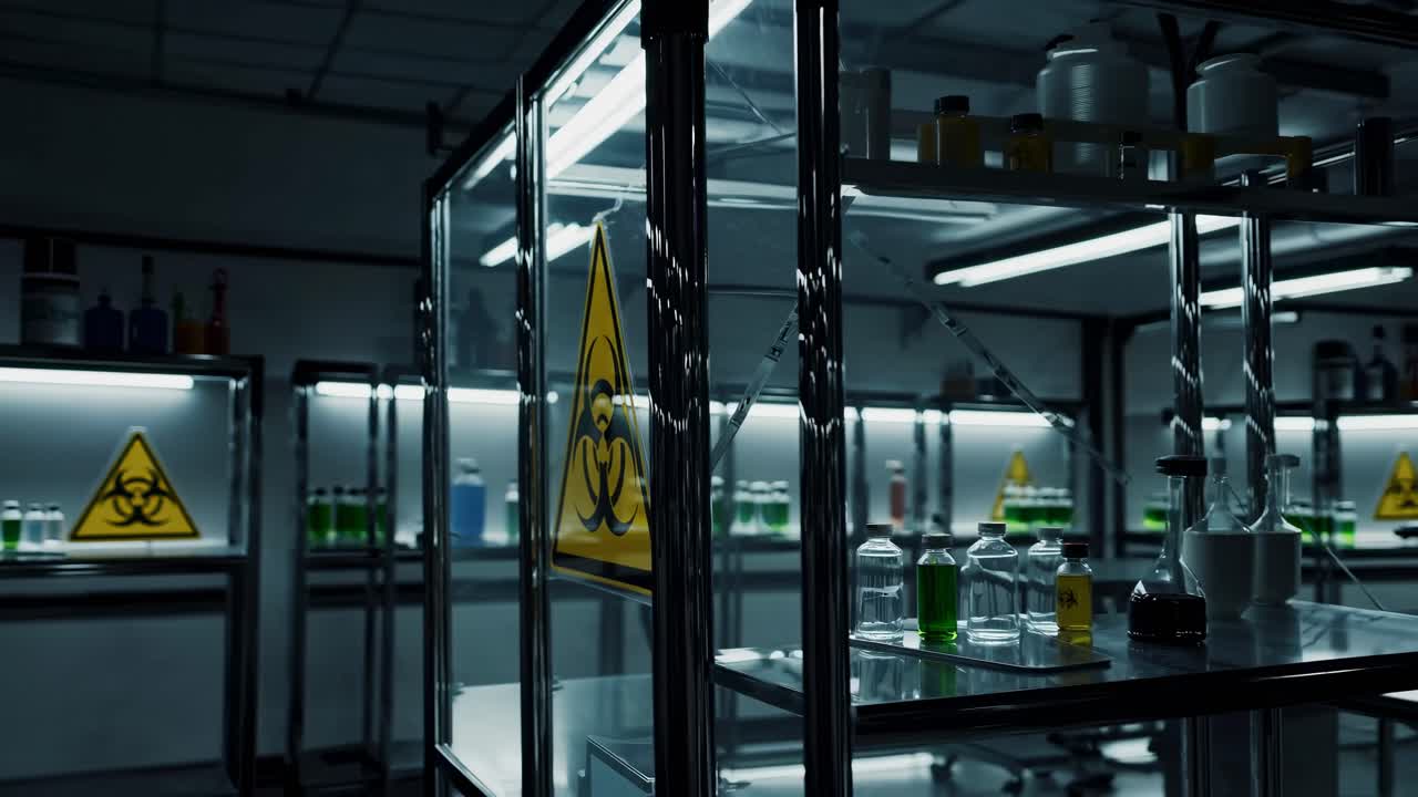 A video still shows a low-angle view of a lab with a biohazard sign