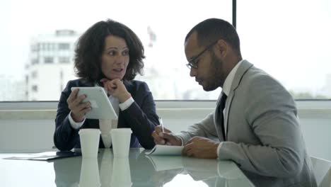 cheerful business companions discussing business issues