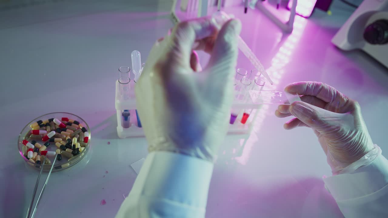 Scientist's Hands in Gloves Performing Lab Experiment with Pipette