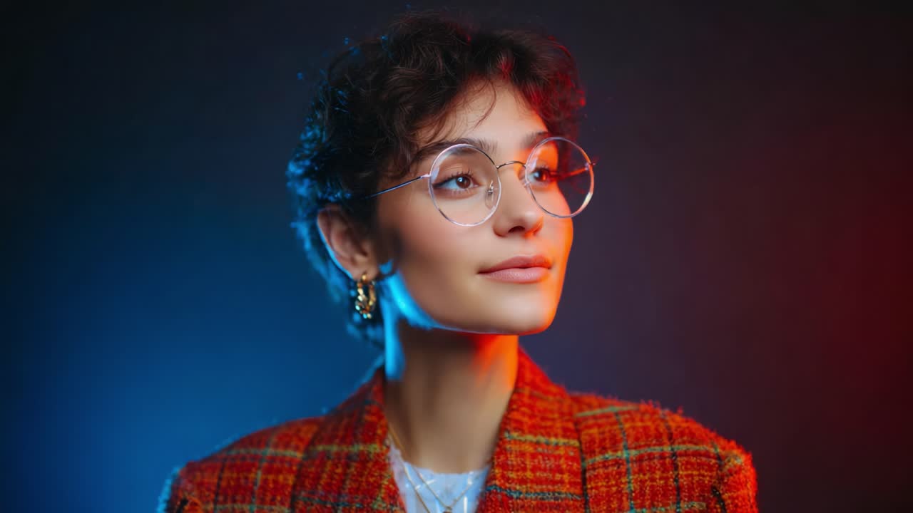 Un elegante ritratto di una donna con occhiali rotondi e capelli ricci su uno sfondo con gradiente colorato, che cattura introspezione ed eleganza in due diverse inquadrature