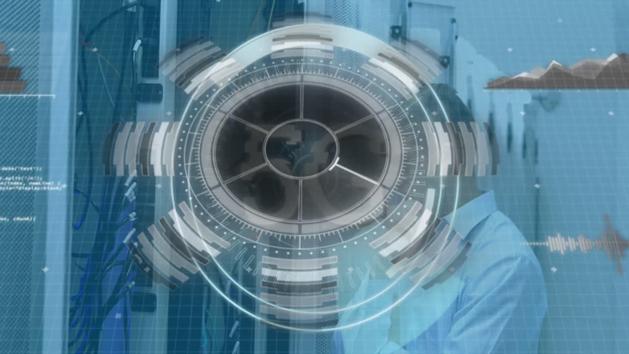 5g 텍스트의 애니메이션, 스 ⁇  스캔 및 데이터 처리 남성 it 엔지니어와 서버