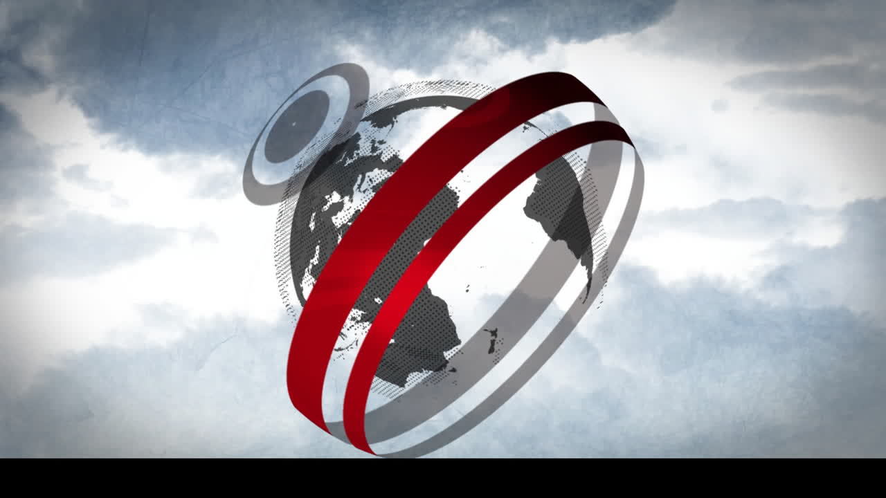 Rotating globe with red and white rings in cloudy sky animation background