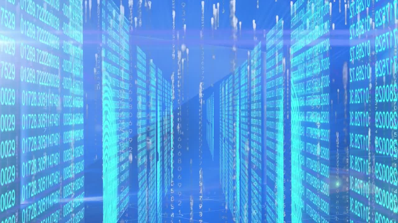 Animation of moving columns over data processing on black background