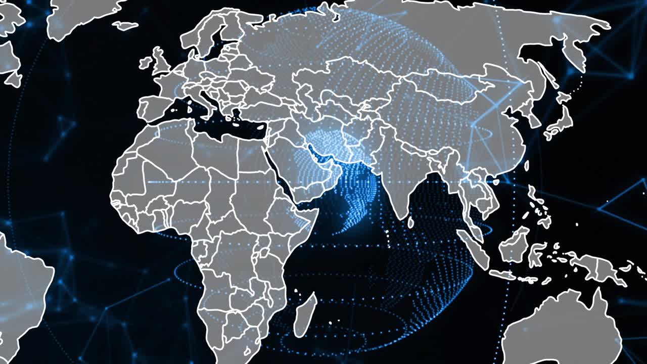 On start dotted globe rotating scanning shifting toward West Africa to highlight data distribution