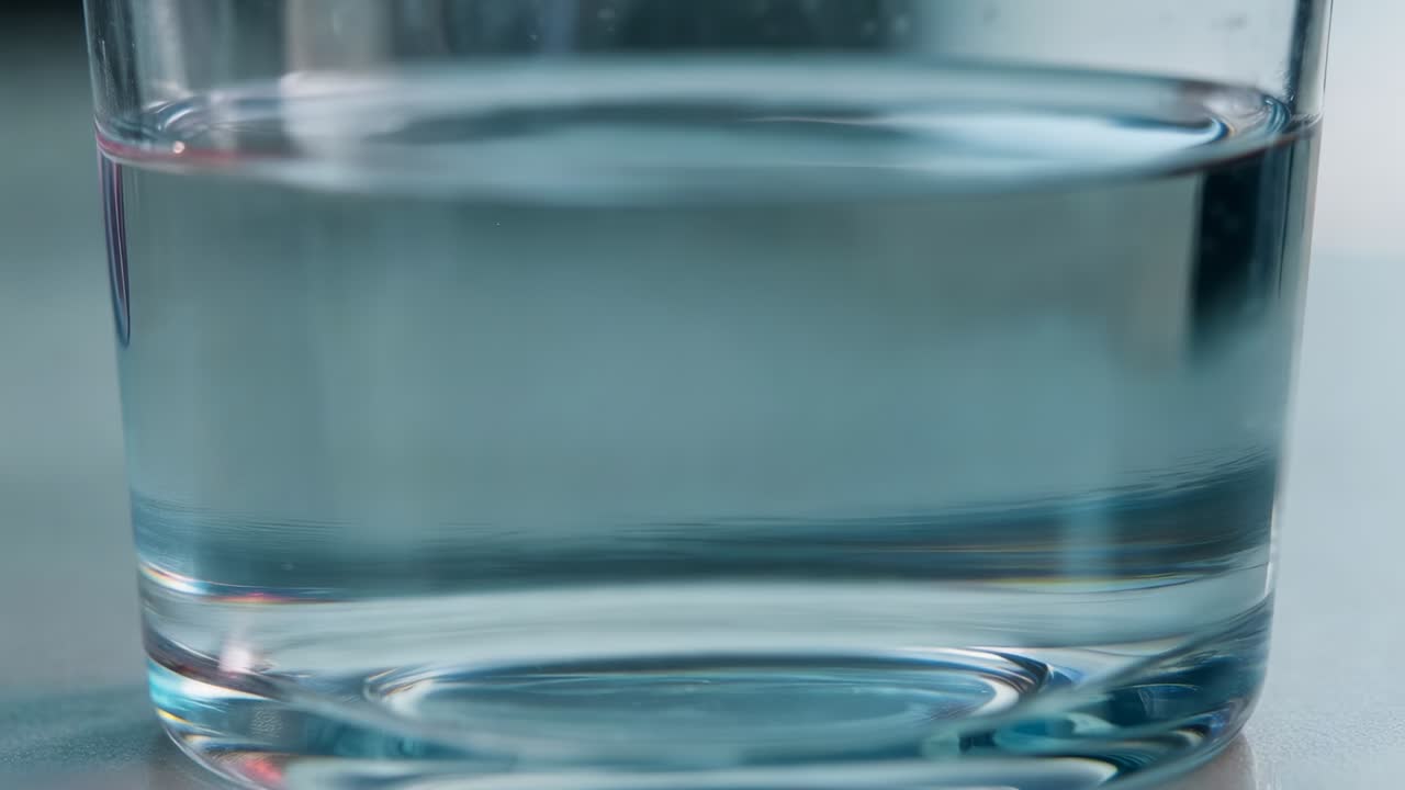 Dropper releasing red dye plume, forming tendrils and dispersing for mixing in clear glass on table