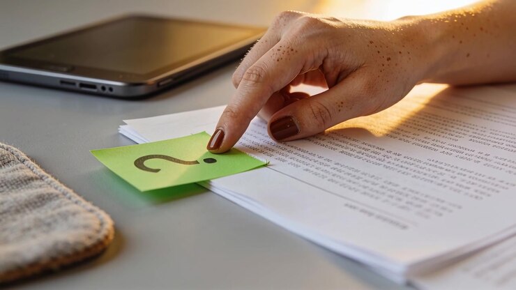 Hand pressing green sticky note with question mark onto printed pages on gray desk, AI-generated