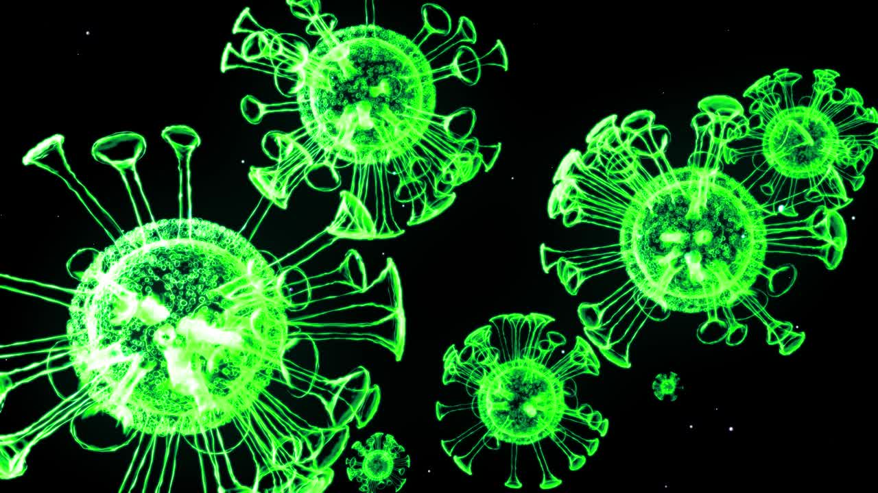 imagen holográfica brillante verde de coronavirus como el virus covid-19 o el virus de la gripe vuela en el aire o flota suavemente en fondo negro. animación 3d en 4k en bucle. para presentación informativa.