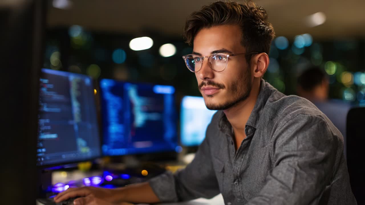 Focused Programmer Analyzing Code on Dual Monitors in a Modern Workspace with a Creative Atmosphere, Showcasing Concentration and Advanced Technology for Software Development