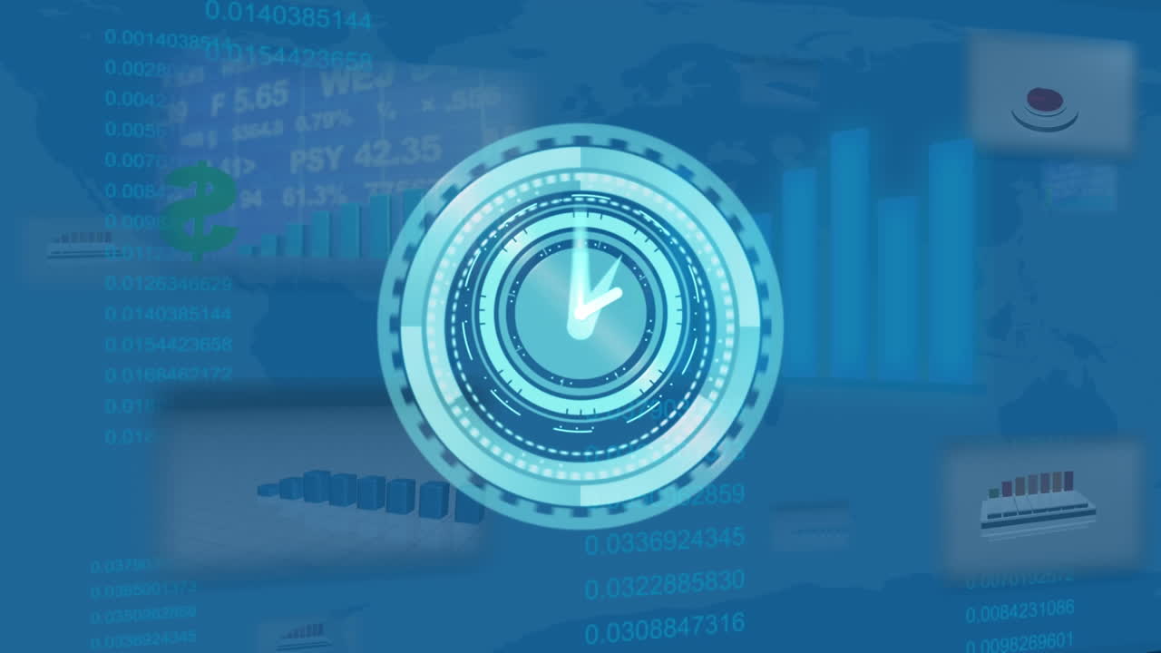 Animation of moving clock and scope scanning over graph and data processing