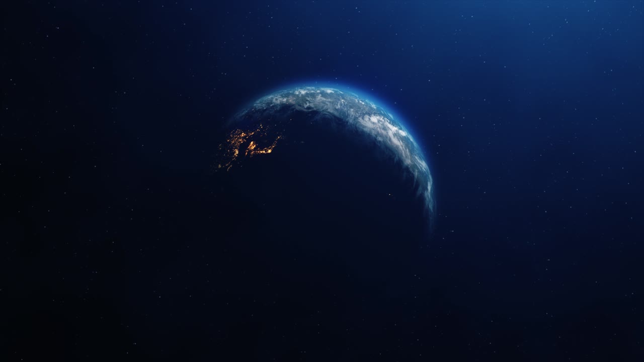 Space view on planet earth and sun star rotating on axis in black universe with day and night city