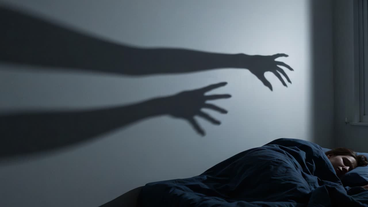 A chilling scene unfolds as a figure's shadow looms over a sleeping person, creating an atmosphere of suspense and intrigue. The contrast of light and dark enhances the eerie feeling