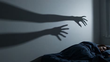 a chilling scene unfolds as a figure's shadow looms over a sleeping person, creating an atmosphere of suspense and intrigue. the contrast of light and dark enhances the eerie feeling