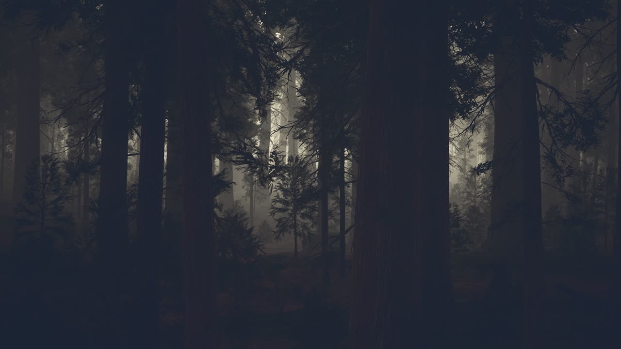 tronco d'albero nero in una foresta di pini scuri