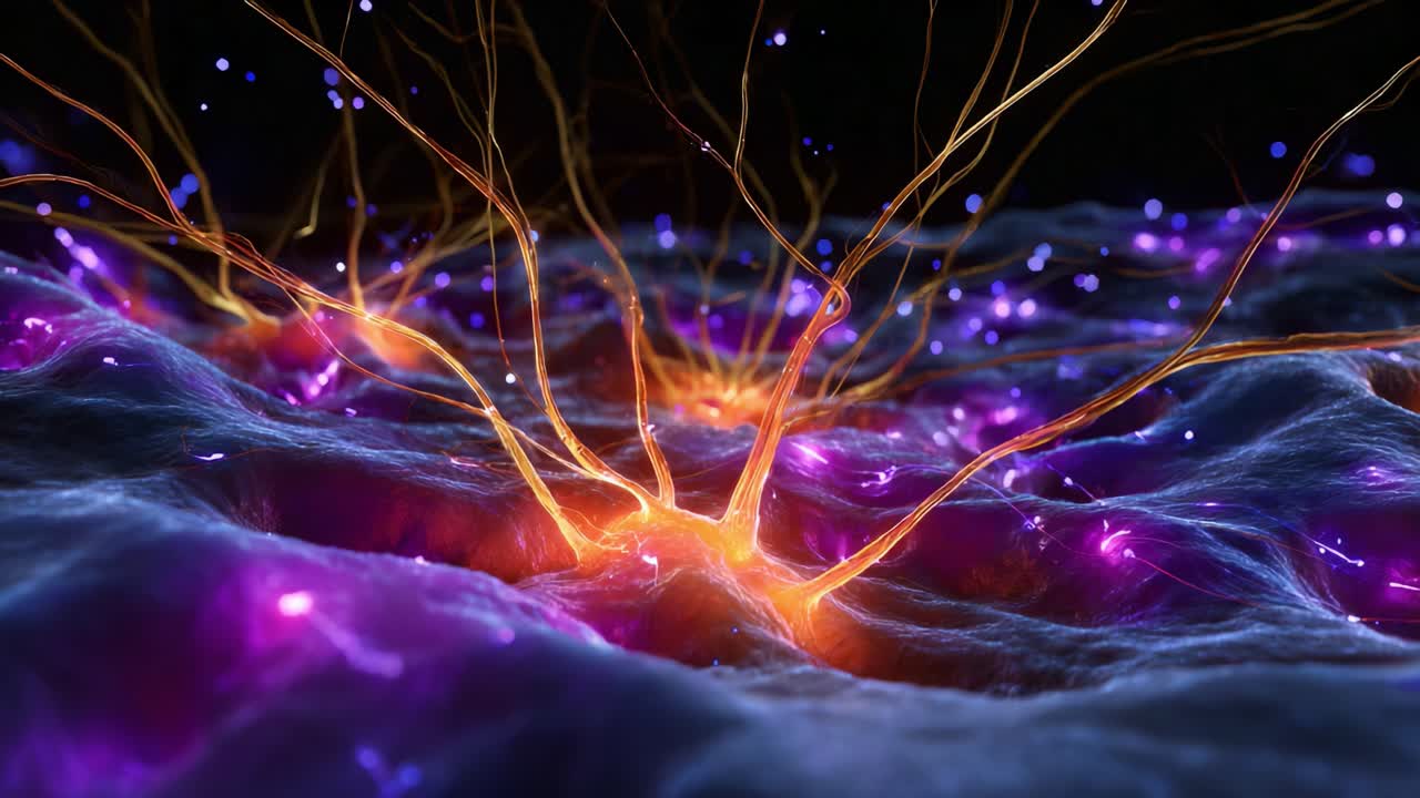 Visualizzazione di neuroni con sinapsi e dendriti luminosi in una rete neuronale, che evidenzia la complessità delle connessioni neurali e dell'attività cerebrale