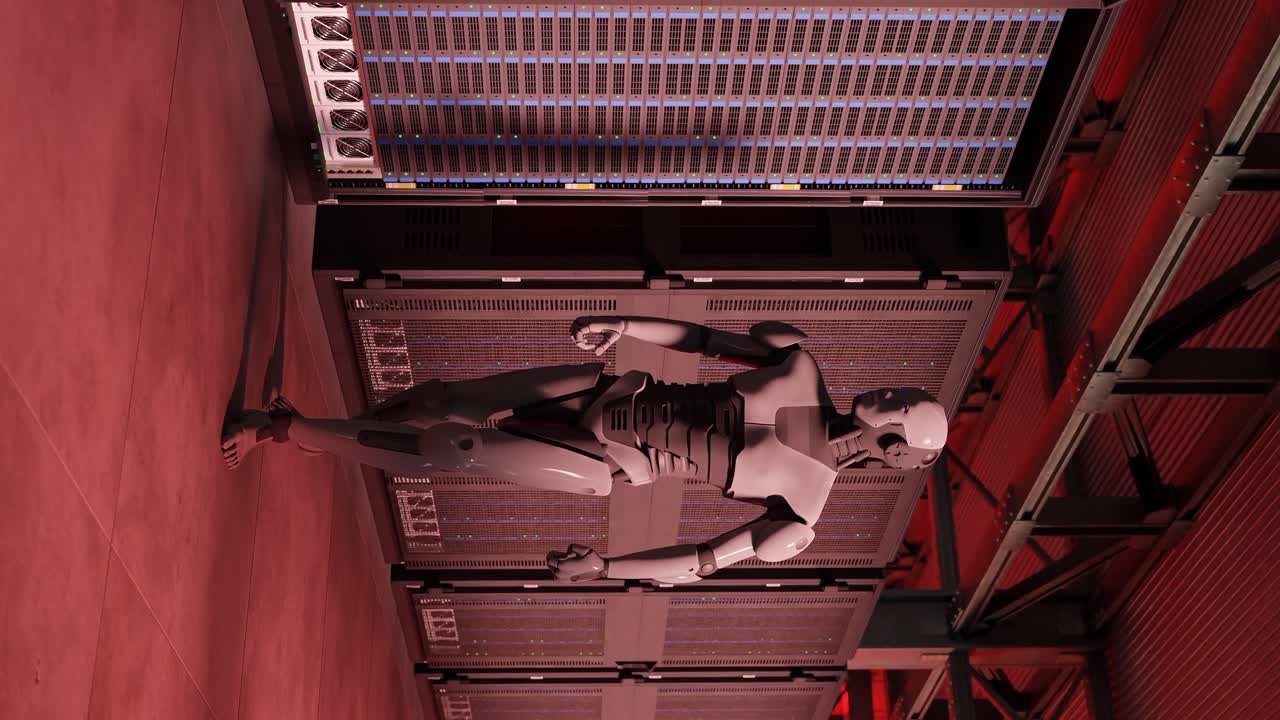 사이보그 휴머노이드 (cyborg humanoid) 가 서버에 들어간다: 하이테크 레드 알람  (red alarm room) - 인공지능이 3d 렌더링 애니메이션으로 점령하는 개념 - 사이버 보안 전쟁 (cyber security war)