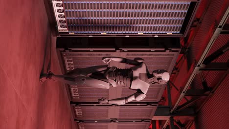 cyborg humanoide en el servidor internet de alta tecnología sala de alarma roja dando a luz concepto inteligencia artificial tomando el control en 3d renderización animación guerra de ciberseguridad, vertical