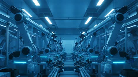 an advanced automation factory with robotic arms: exploring the future of manufacturing in a high-tech, bluish environment full of precision mechanics