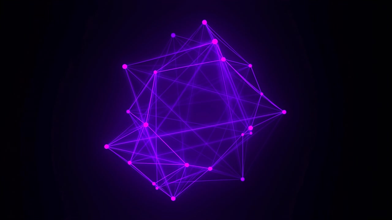 Composição digital abstrata de nós magenta brilhantes conectados por finas linhas de néon, formando poliedros de wireframe empilhados, névoa suave, contraste profundo e atmosfera de tecnologia moderna, com rede, nó
