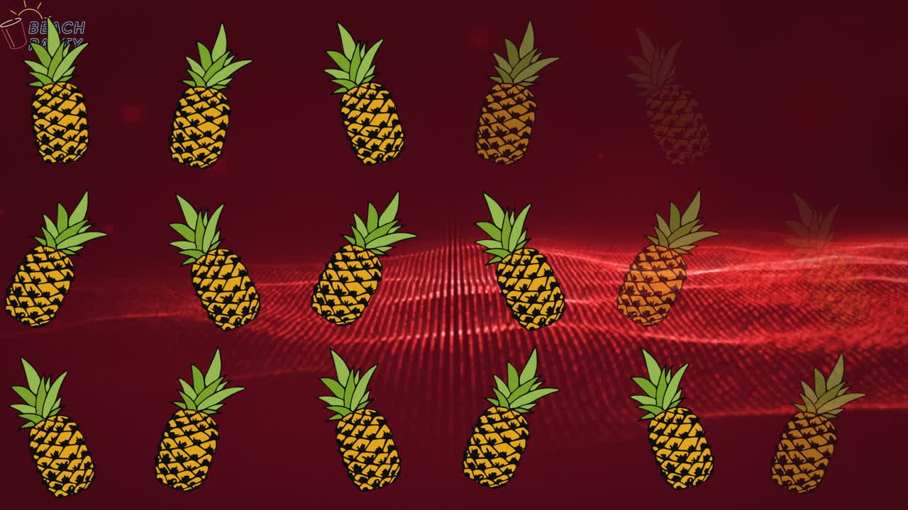 빨간색 격자 배경 위에 여러 개의 파인애플의 애니메이션