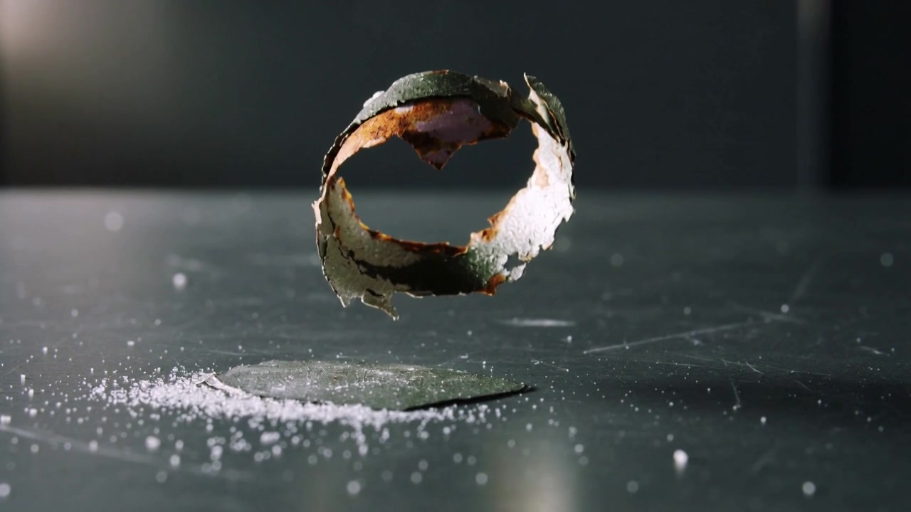 Rotating torn shell fragment on release, descending and rolling on dark table near white granules