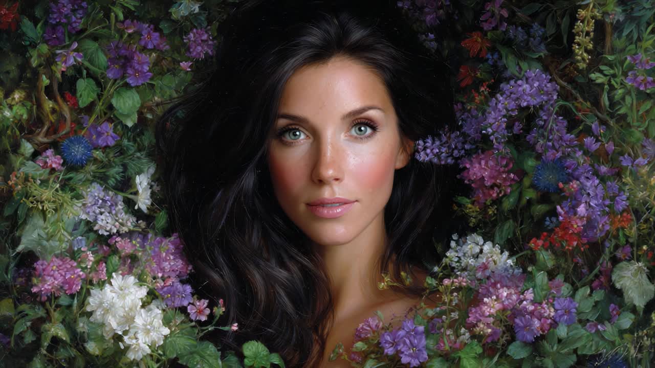 A Captivating Natural Beauty Surrounded by Vibrant Flowers, Radiating Joy and Serenity in a Lush Garden Setting