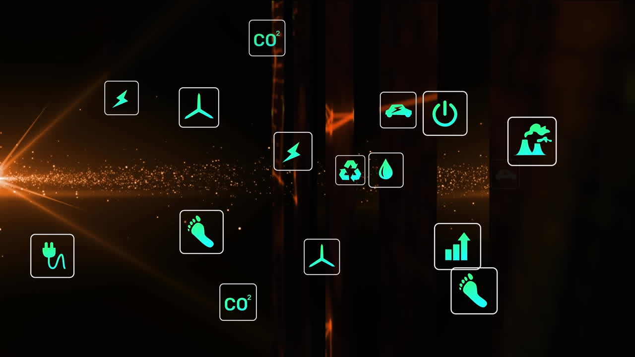 Animation of digital icons and network of connections against orange light spot on black background