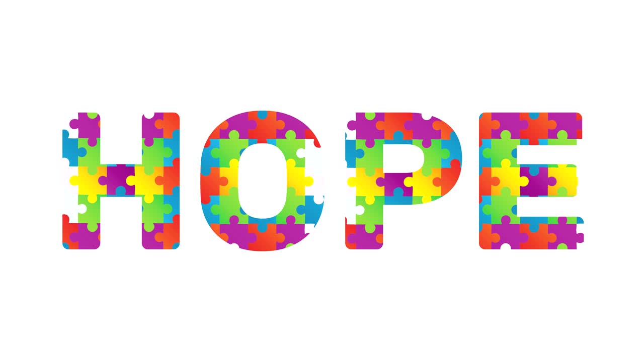 백색 배경에 희망 텍스트를 형성하는 퍼즐 요소와 함께 디지털로 생성 된 비디오