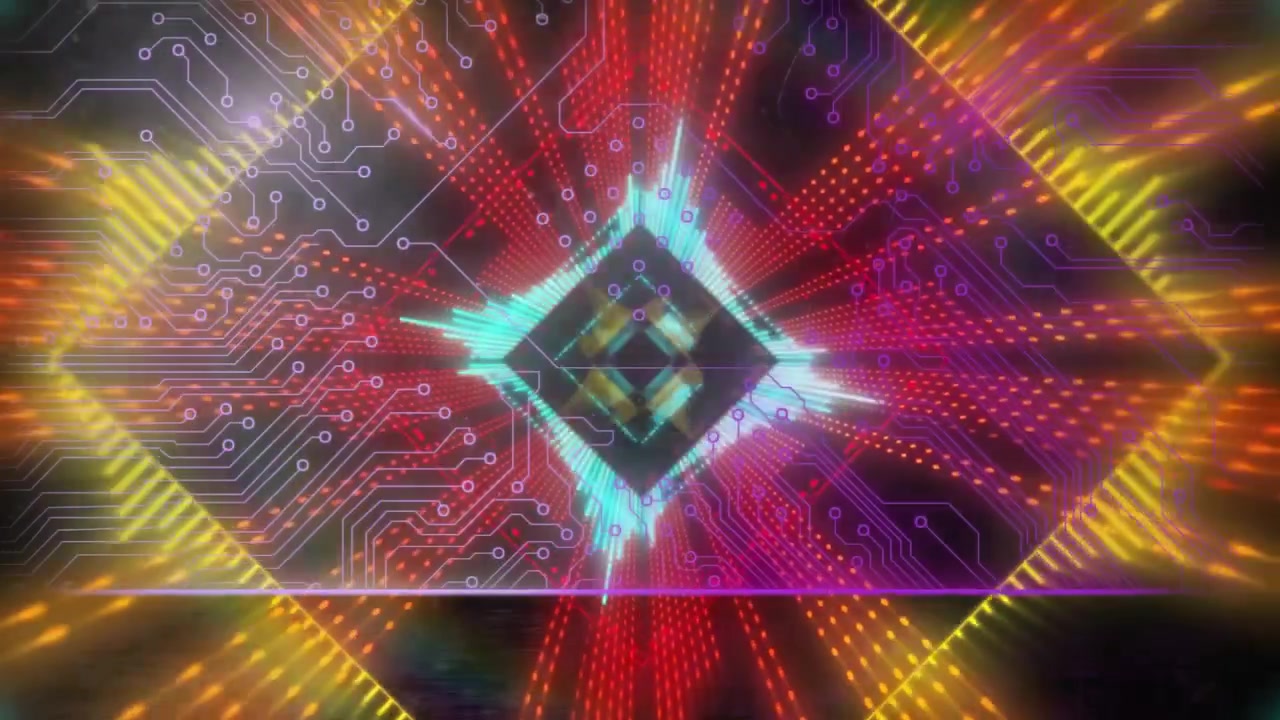 Animation of computer circuit board over neon shapes on black background