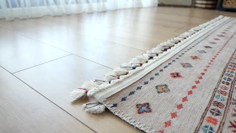 small white dog playing on a rug in a living room