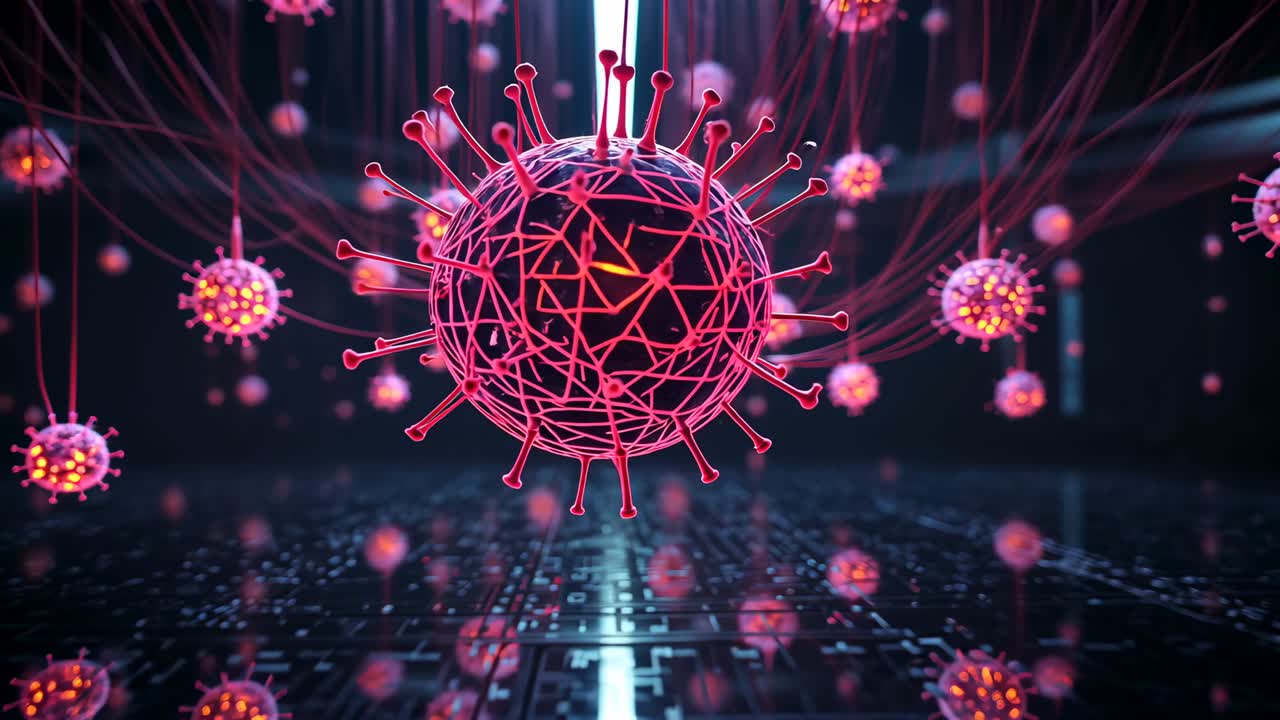 Slit appearing, camera advancing in chamber toward wireframe sphere with glowing core and molecules
