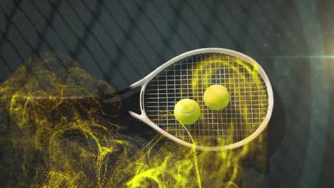 Animation-Leuchtender-Gelber-Partikel-über-Tennisbällen-Auf-Schlägern