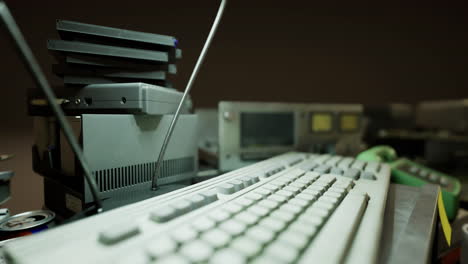 old computer equipment on a desk with a keyboard and various devices