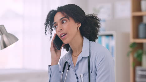 Phone-call,-healthcare-and-woman-doctor-in-office