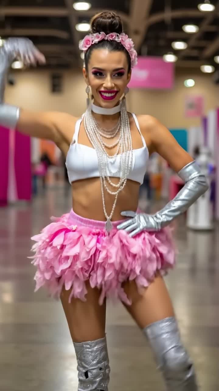 Donna felice in vestito rosa con gambe bioniche che balla a un evento di festa.