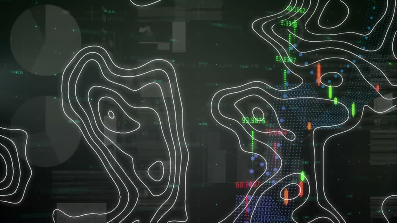 Animation of statistics and financial data processing over white lines