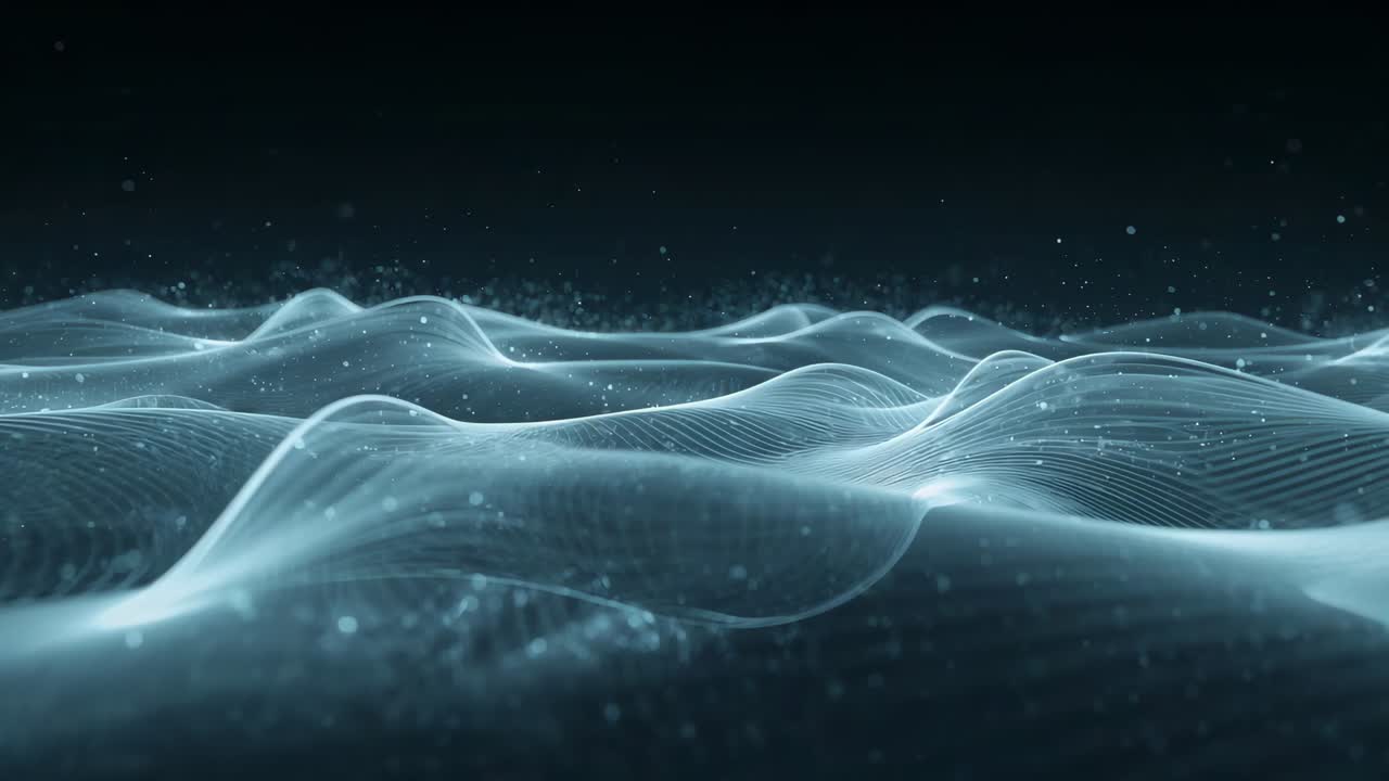 Opening glowing wireframe surface undulating, particles drifting over dark void, rim lighting