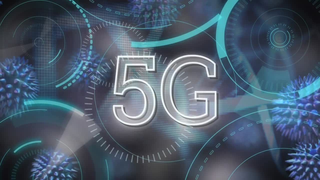 animazione di 5g scritta su cellule di coronavirus che si diffondono su sfondo blu.
