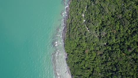 Birds-Eye-View-Of-Coastal-Green-Mountains-In-Daintree-National-Park,-Cape-Tribulation,-North-Queensland,-Australia