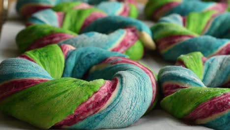 home-baked rainbow bagels for breakfast