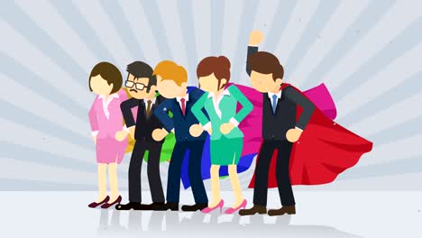 superheroes standing on sunburst background. sun beam ray background. business team concept. comic loop animation.