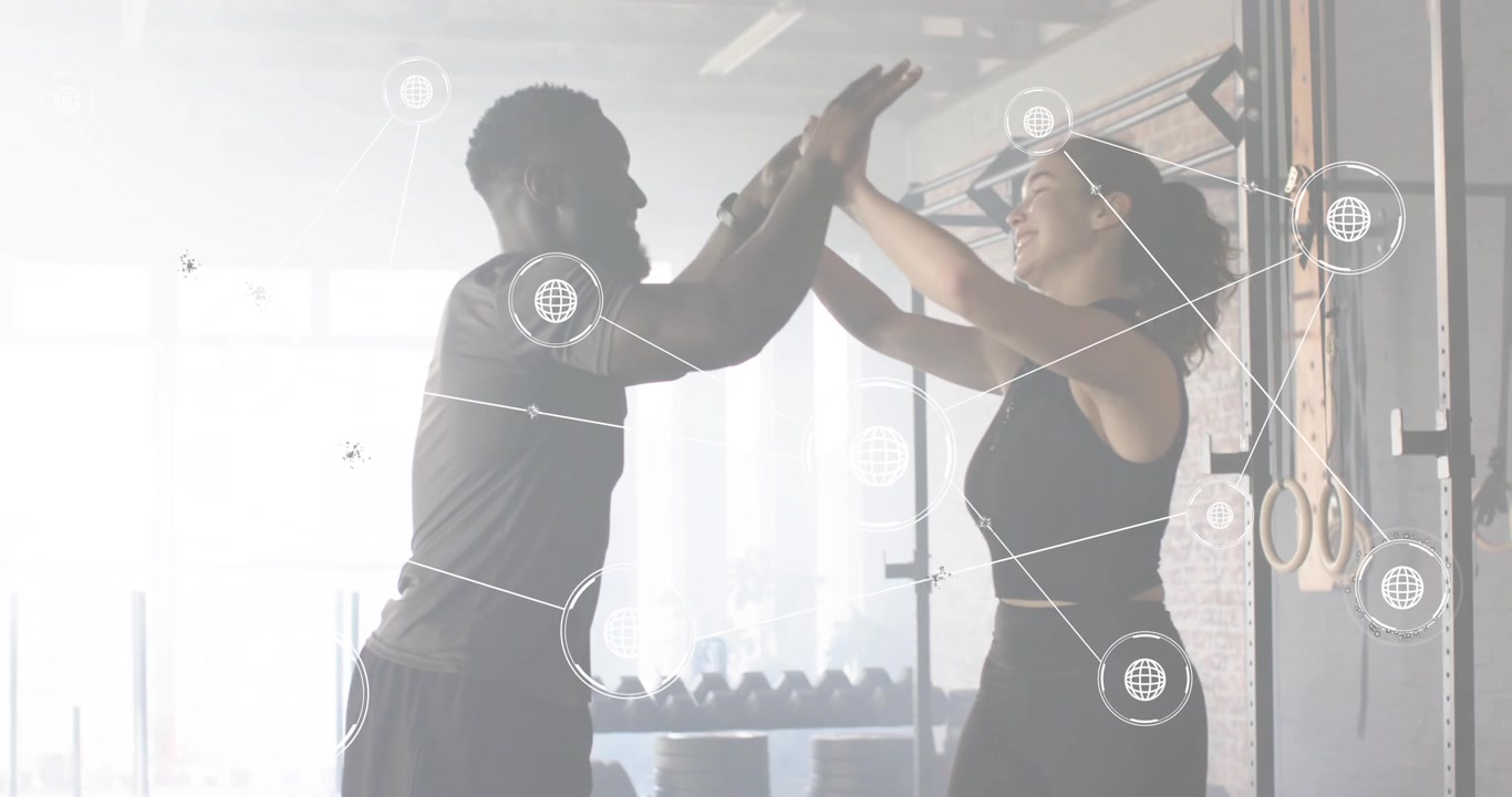 Trainer shaking client hand starting workout with globe icons showing lift for mirroring highfiving