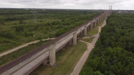 Vista-Aérea-De-Vastos-Puentes-De-Brazo-Largo,-Dos-Puentes-De-Carretera-Y-Ferrocarril-Atirantados-En-Argentina,-Cruzando-El-Río-Paraná---Conducción-De-Camiones-En-Carretera-Rodeada-De-Bosque-Verde-De-Argentina