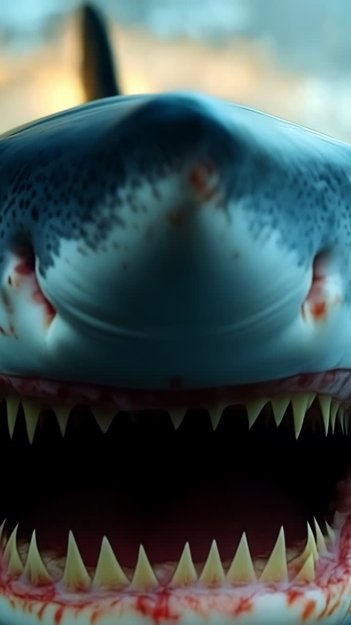 Shark surfaces from the depths. A great white shark is shown breaching the surface, displaying its teeth in a dramatic underwater setting.