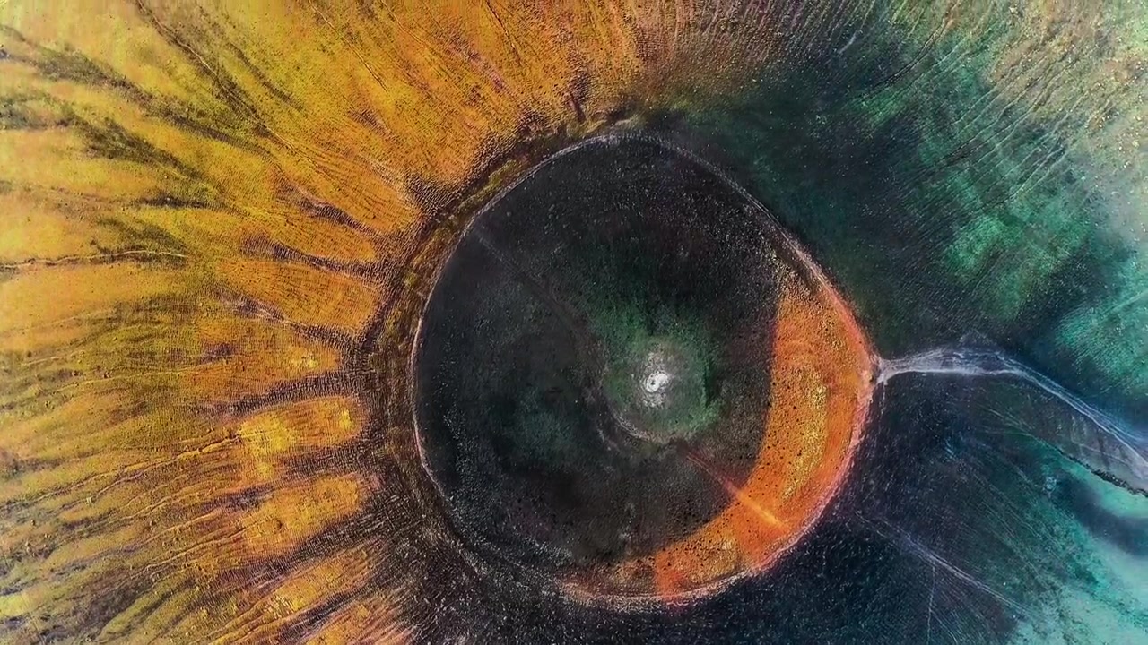 Karmaşık, renkli mineral yataklarını ve engebeli dokuları oluşturan uykudaki bir volkanik kalderayı sergileyen nefes kesici sinematik, yukarıdan aşağıya havadan drone görüntüsü.