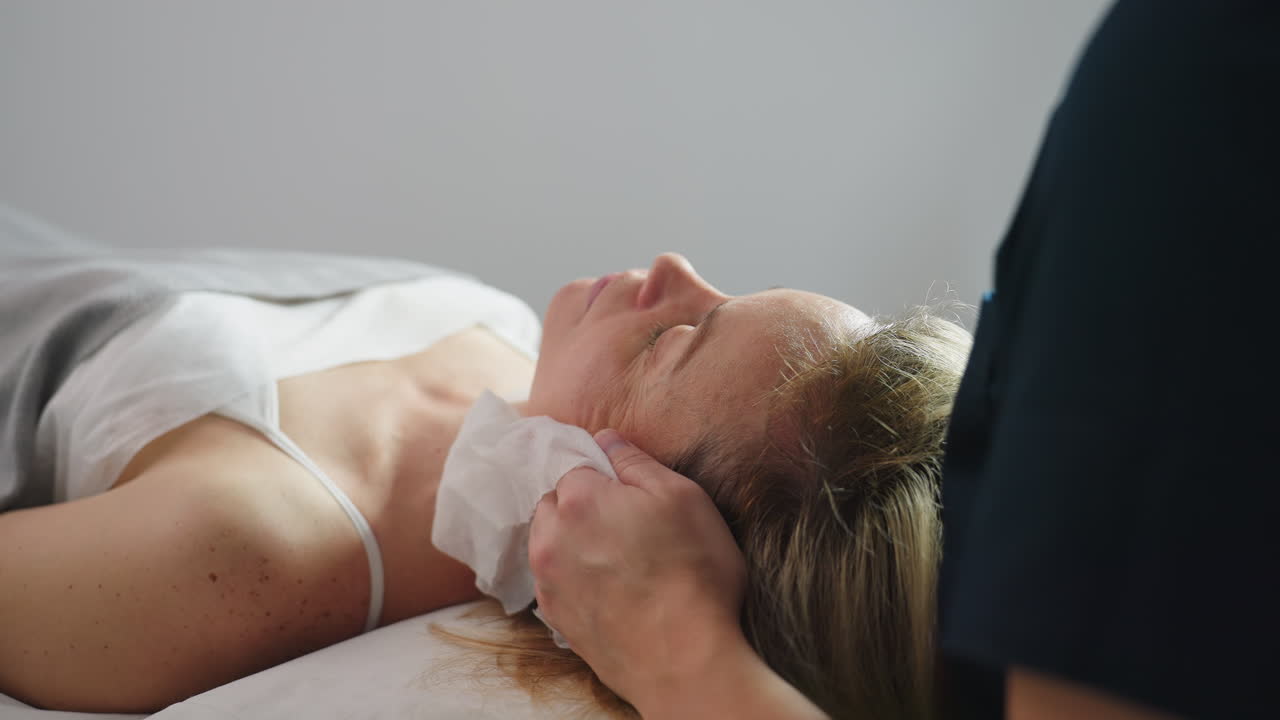 White woman reclined on massage chair, bodywork therapist uses wet wipe to massage scalp and temples, client eyes closed in relaxed state, focus on gentle cleansing motion and serene treatment