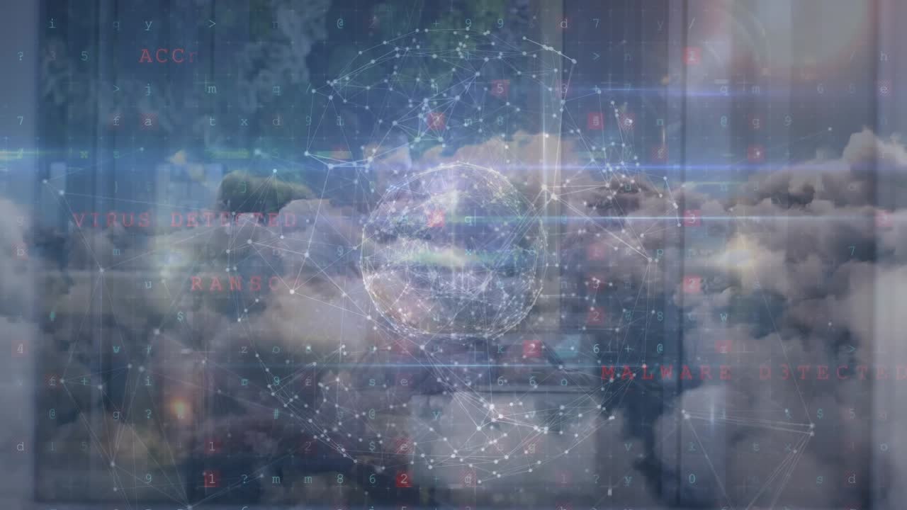 Animation of globe made of connections over clouds