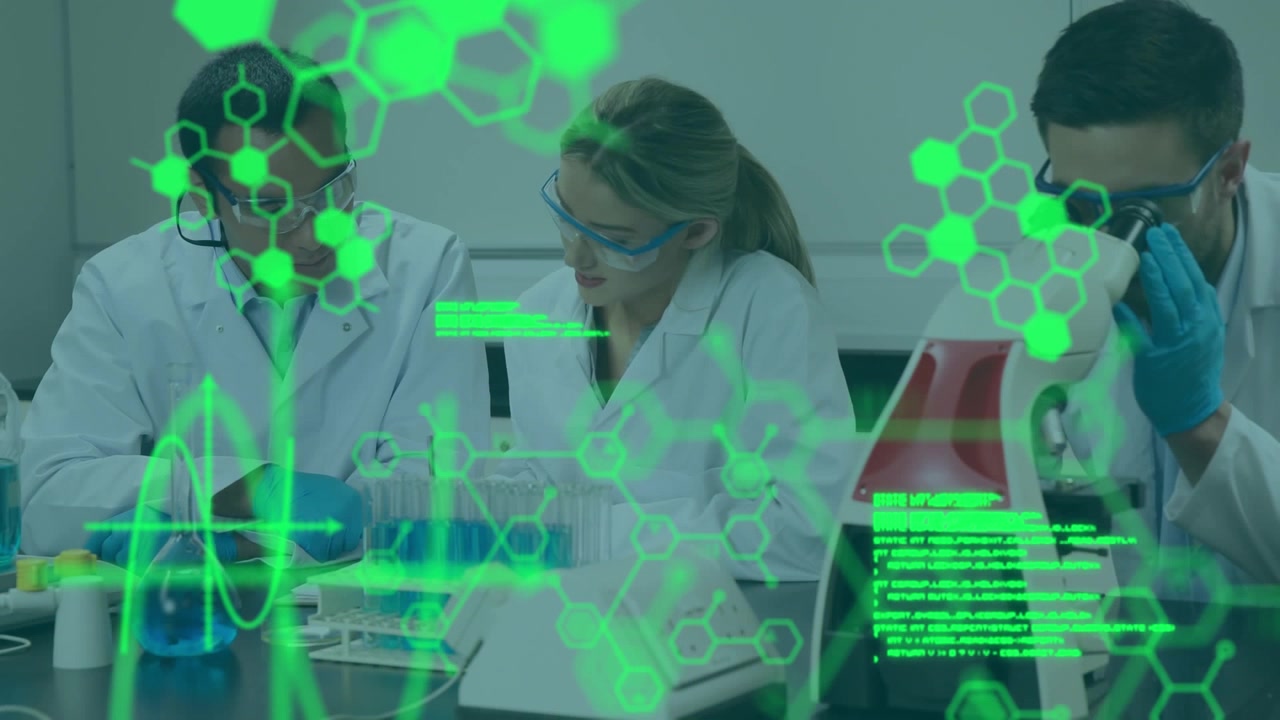 Scientists Working in Laboratory with Digital Data Overlay