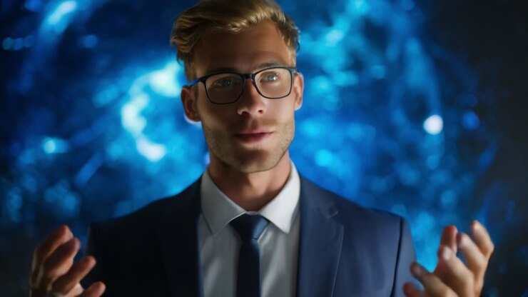 En professionel mand i formelt tøj med briller fordybet i tanker med et eftertænksomt udtryk foran en glødende blå baggrund, der viser et øjebliks refleksion og indsigt i en fantastisk visuel kontekst