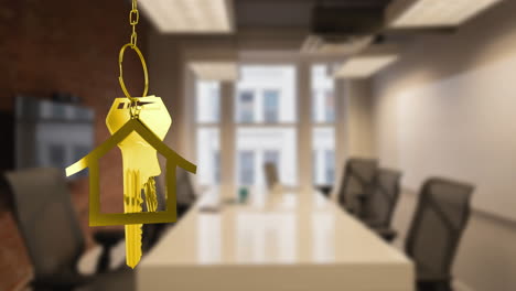 animación de llaves de casa doradas colgadas contra el interior de una sala de conferencias de la oficina
