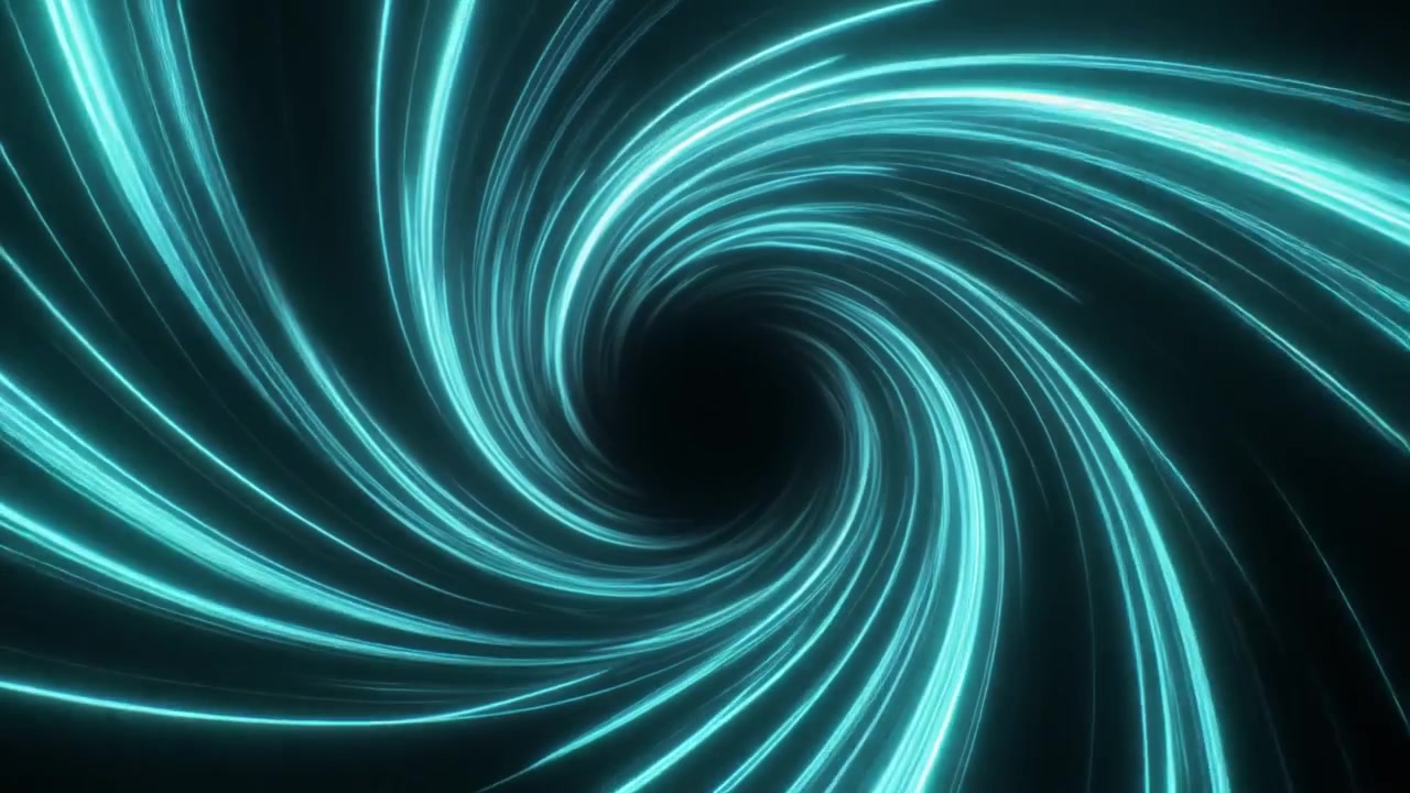 Abstract Motion Background with Glowing Cyan Light Streaks in a Spiral Vortex